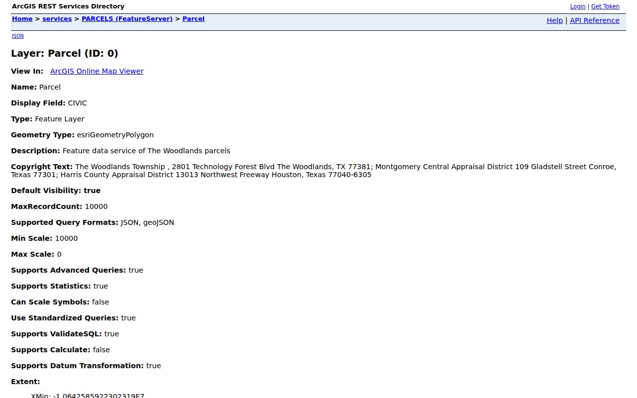 The Woodlands neighbors parcel FeatureServer address village and legal-description fields